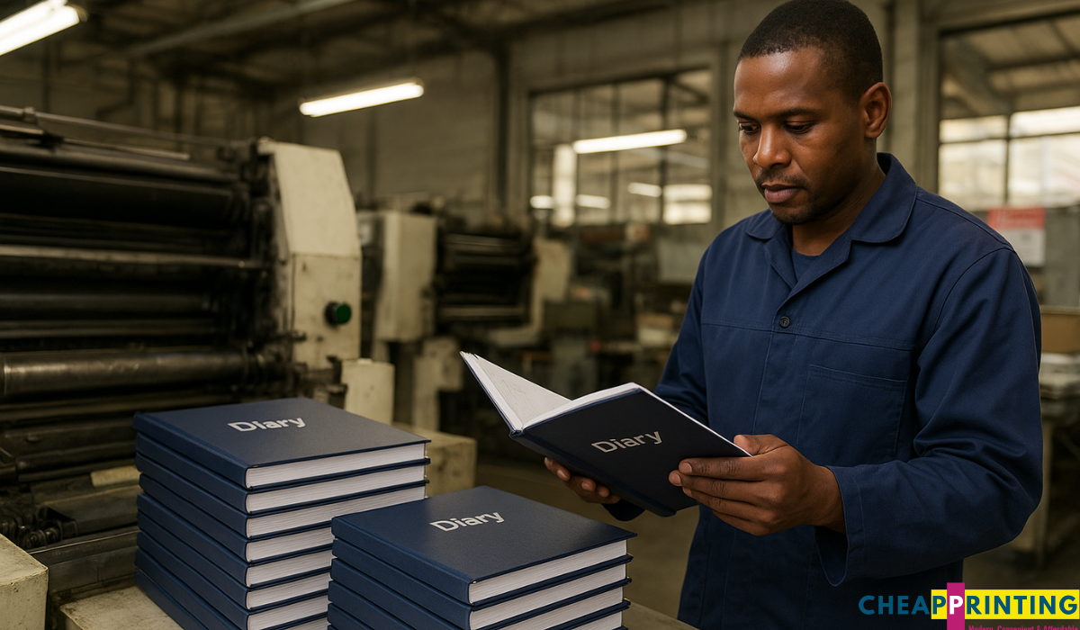 A Johannesburg printing shop worker inspecting freshly printed blue diaries on an industrial press, representing affordable diary printing services.
