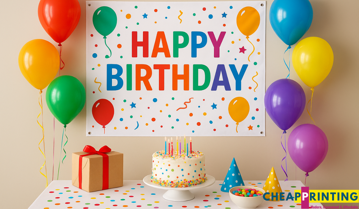 Colorful birthday party setup featuring a professionally printed “Happy Birthday” banner, balloons, confetti, and a decorated cake and gift table beneath it.