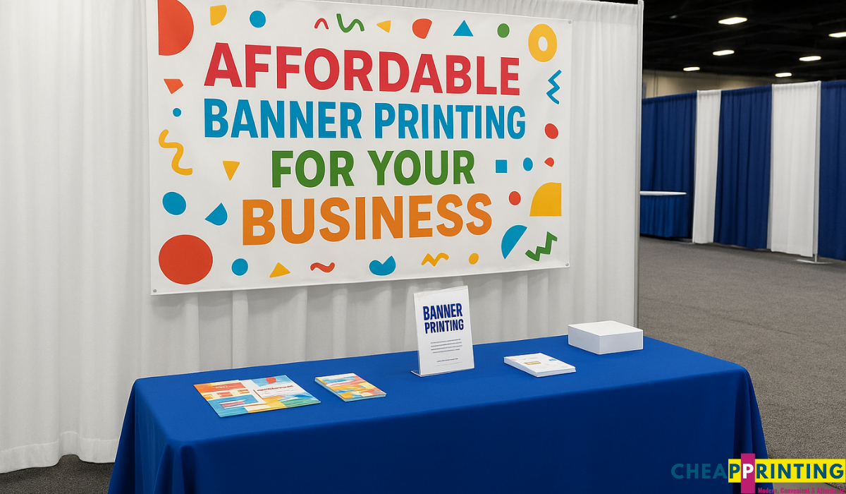 Trade show booth with a custom-printed banner reading “Affordable Banner Printing for Your Business,” displayed behind a blue table with brochures and promotional materials.