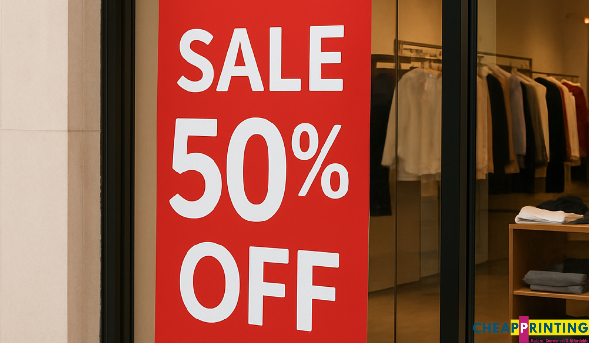 Tall red pop-up banner outside a clothing store entrance displaying Promotion Sale 50% Off Shop Now.