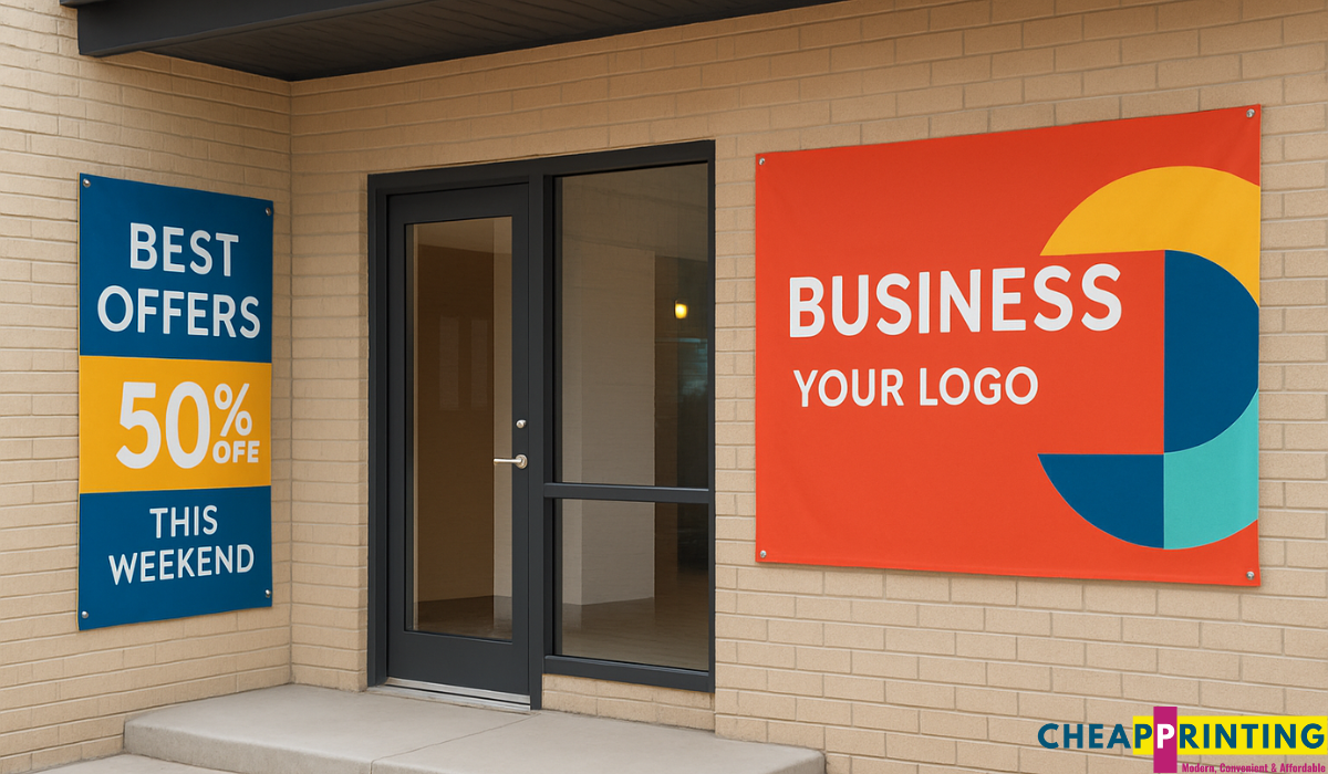 Small business storefront with colorful branded banners displayed on exterior walls in South Africa