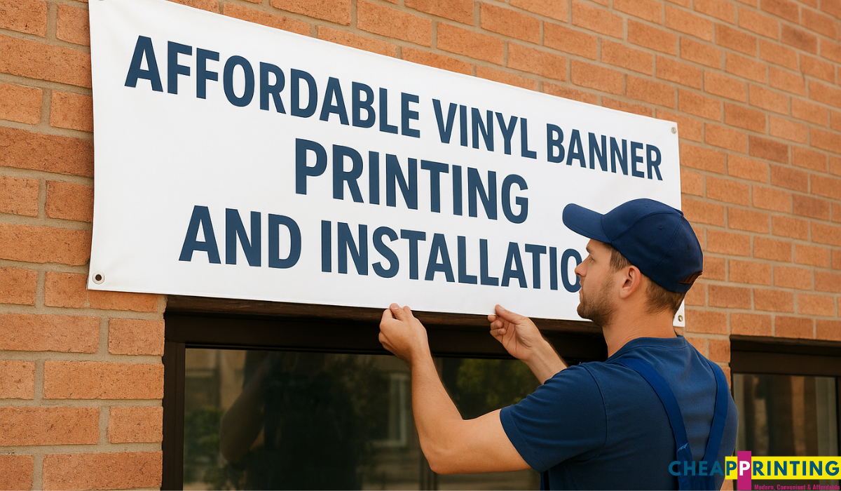 Skilled professional installing a vinyl banner on a storefront wall