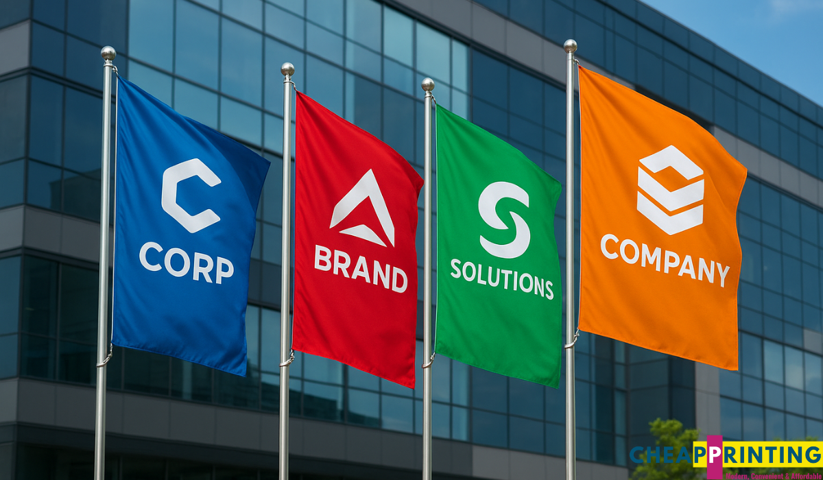 Vibrant corporate flags with bold branding designs waving outside a modern office building.