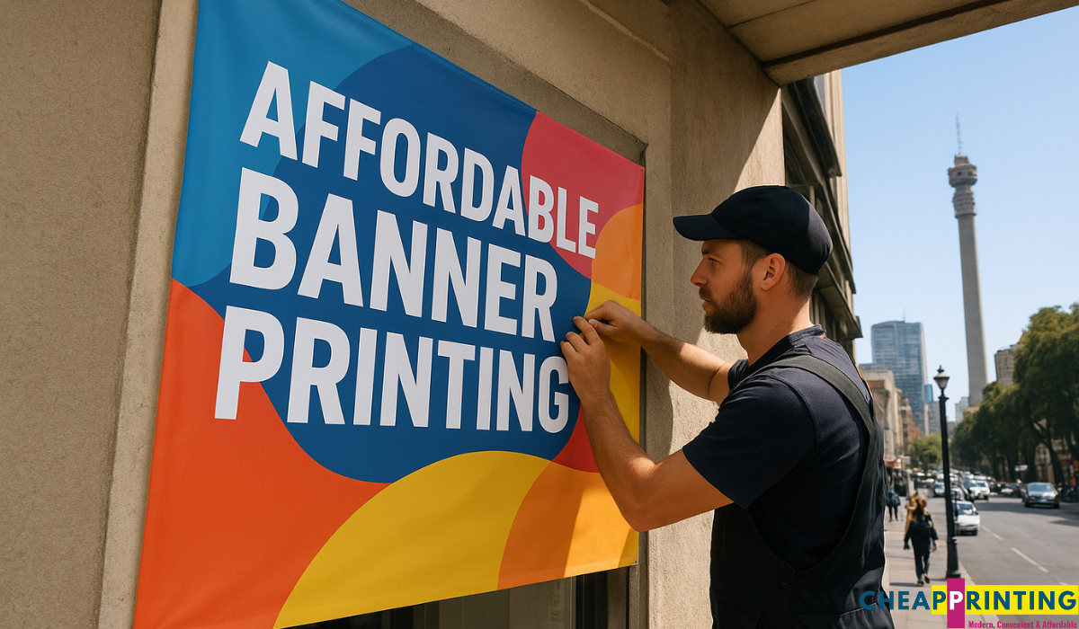 Professional installer putting up a vibrant vinyl banner on a busy Johannesburg storefront, demonstrating affordable banner printing services.