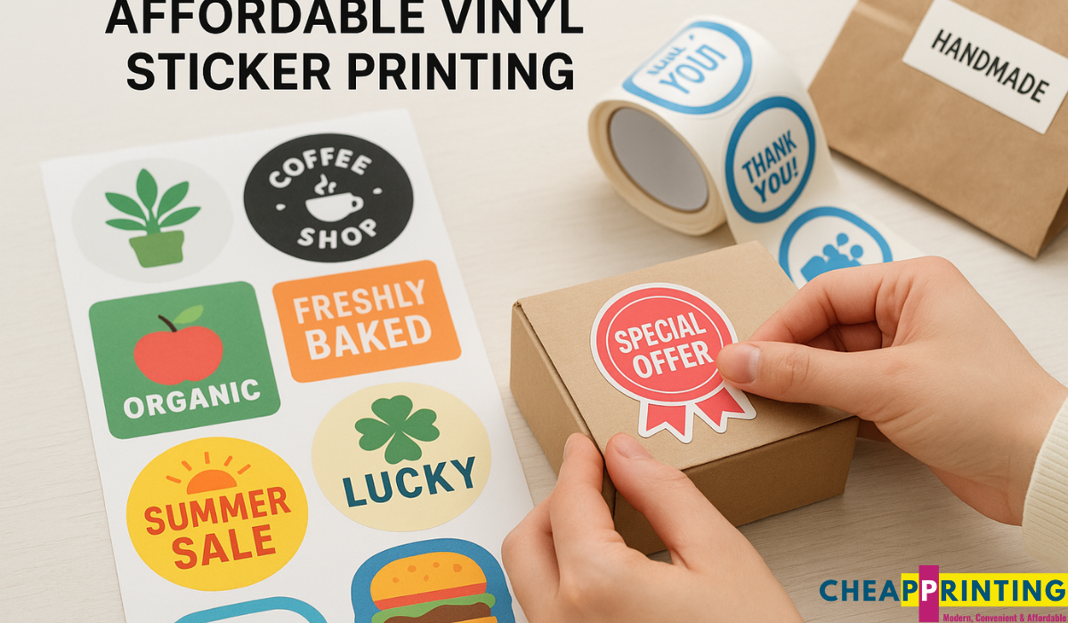 Colorful vinyl stickers with designs like "Freshly Baked," "Organic," and "Special Offer," being applied to a cardboard box.