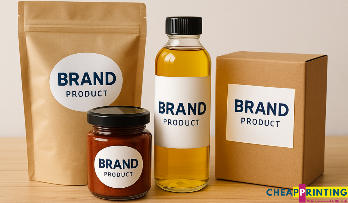 Branded product packaging with vinyl labels applied to a jar, bottle, box, and pouch on a wooden surface.