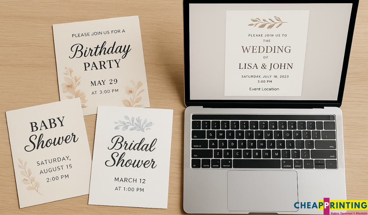 Printed invitation cards for events placed beside a laptop showing a digital wedding invite.