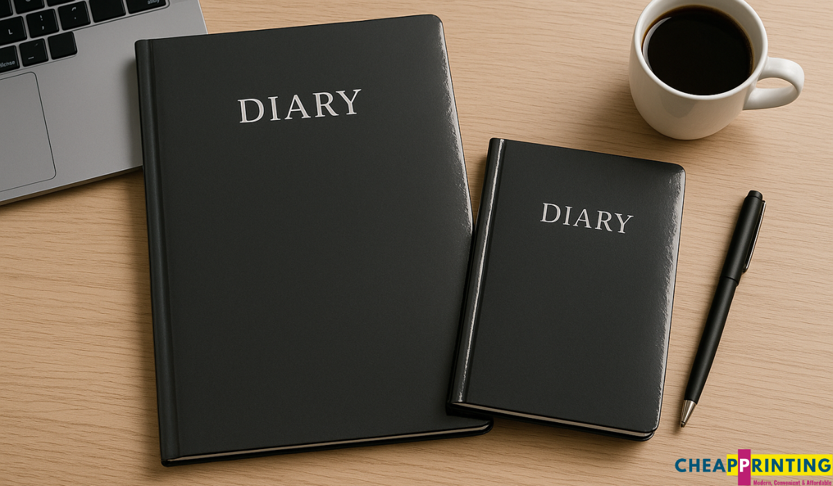 A4 and A5 laminated diaries with glossy covers neatly arranged on a desk.