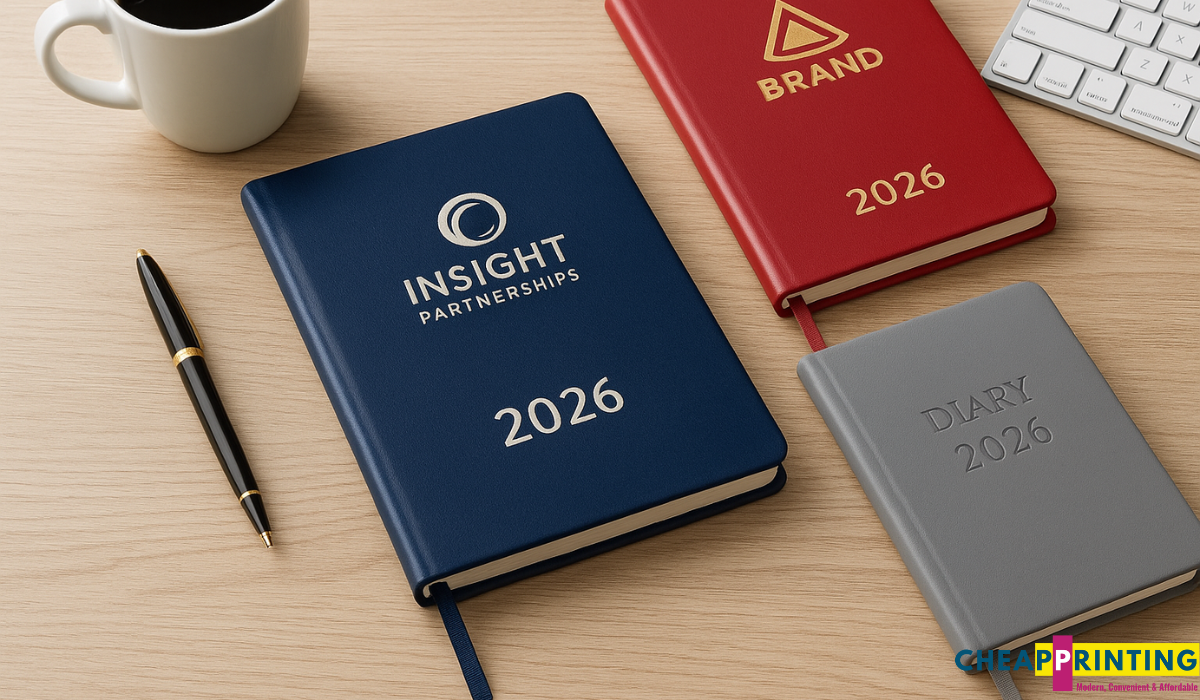 Custom 2026 diaries with personalized company logos and creative designs neatly arranged on a modern office desk.