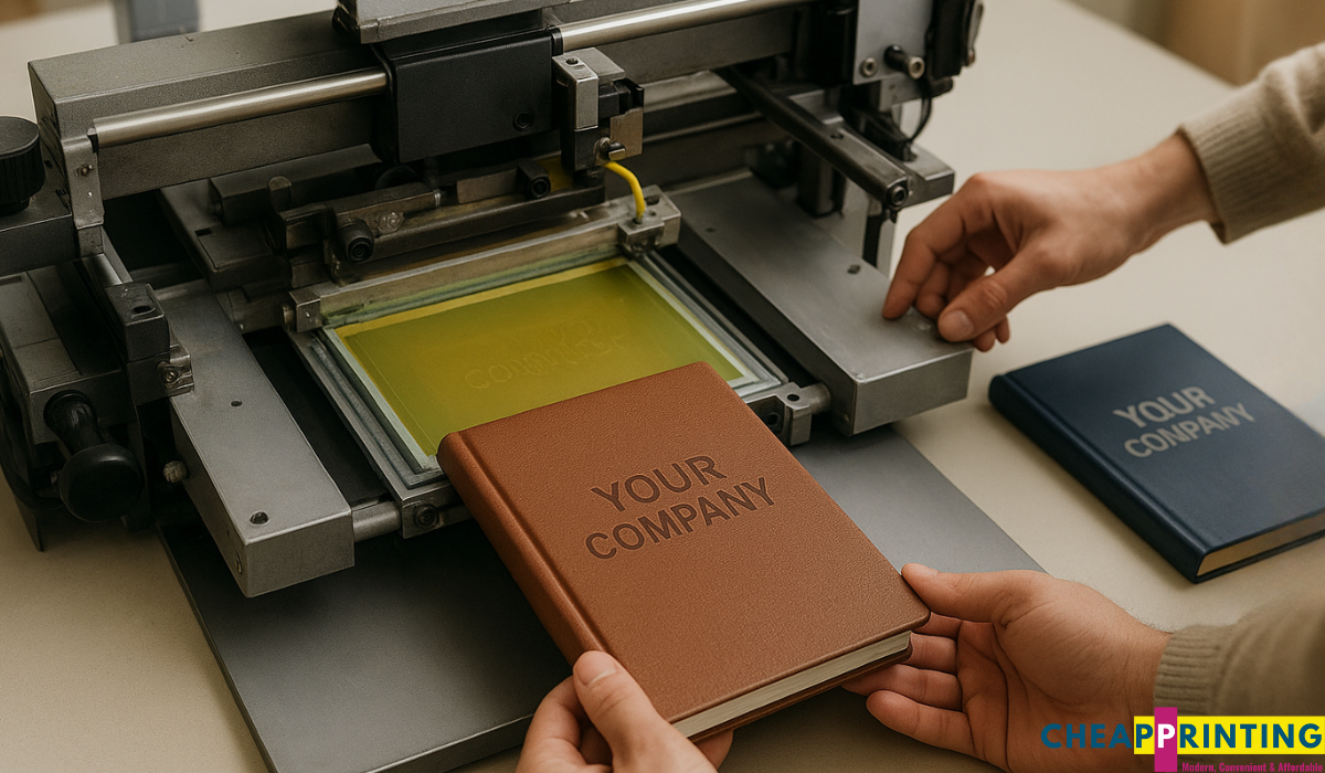 A designer prints a brown leather diary with the words “Your Company 2026” using a professional embossing machine, showing quality and personalization in the printing process.