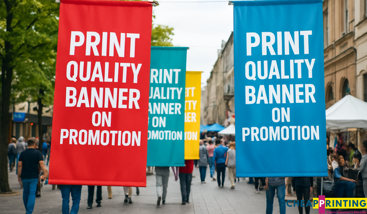 : Colorful promotional banners hanging on a busy outdoor street, showcasing vibrant print quality for marketing campaigns.