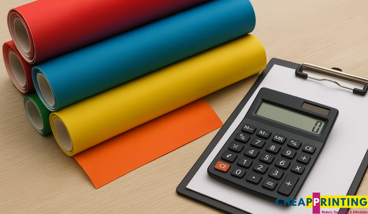 Stack of colorful rolled-up banners with a calculator and clipboard, symbolizing banner printing prices in South Africa.