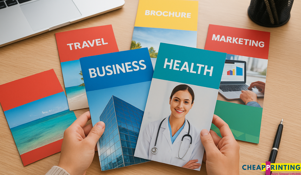 Colorful custom brochures displayed on a desk, showcasing professional and affordable printing services in South Africa.